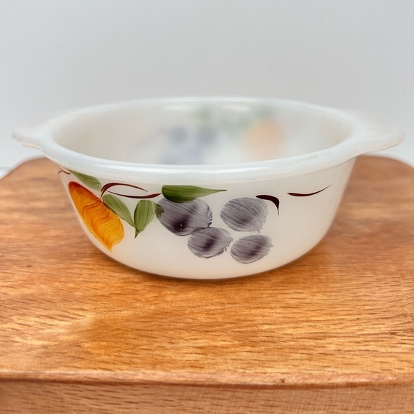 Anchor Hocking Fire King Gay Fad Small milkglass bowl, fruits pattern #445 - Picture 3 of 8